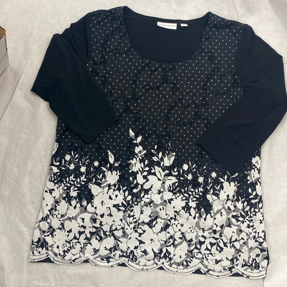 Susan Graver Black and White Embroidered Floral Dot Knit Top